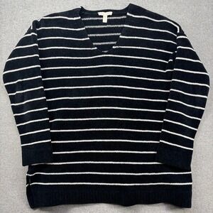 Eileen Fisher Striped V-neck Nautical Black Knit Chenille Sweater XXS Petite